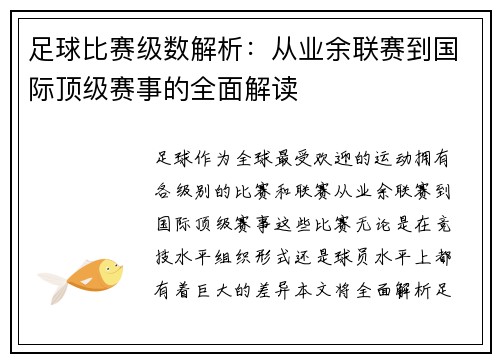 足球比赛级数解析：从业余联赛到国际顶级赛事的全面解读