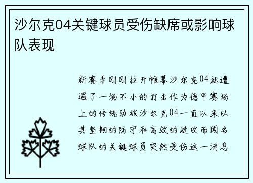 沙尔克04关键球员受伤缺席或影响球队表现