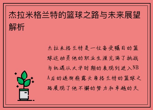 杰拉米格兰特的篮球之路与未来展望解析