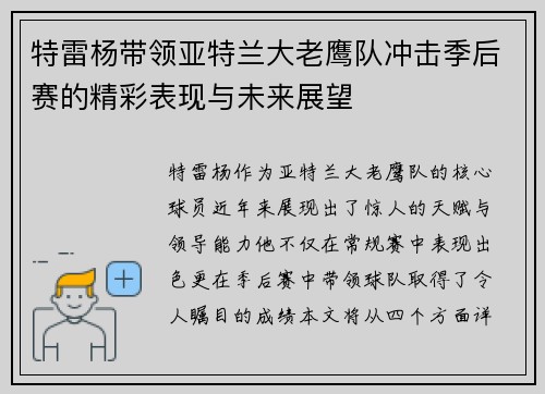 特雷杨带领亚特兰大老鹰队冲击季后赛的精彩表现与未来展望
