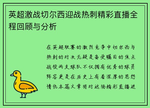 英超激战切尔西迎战热刺精彩直播全程回顾与分析