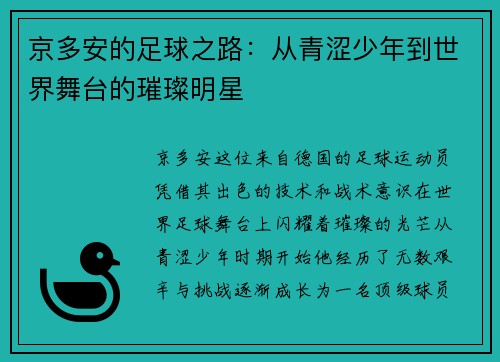 京多安的足球之路：从青涩少年到世界舞台的璀璨明星