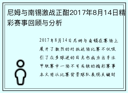 尼姆与南锡激战正酣2017年8月14日精彩赛事回顾与分析