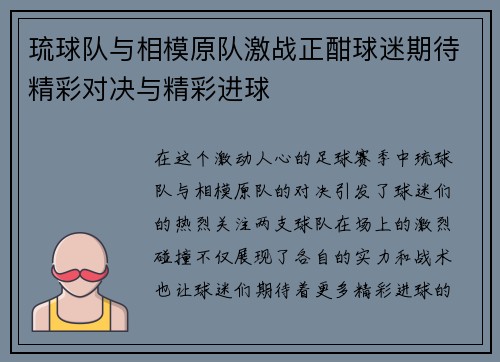 琉球队与相模原队激战正酣球迷期待精彩对决与精彩进球