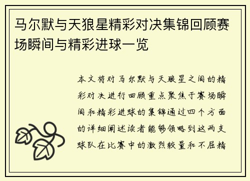 马尔默与天狼星精彩对决集锦回顾赛场瞬间与精彩进球一览