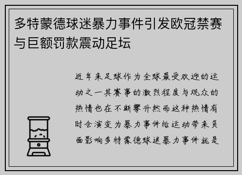 多特蒙德球迷暴力事件引发欧冠禁赛与巨额罚款震动足坛