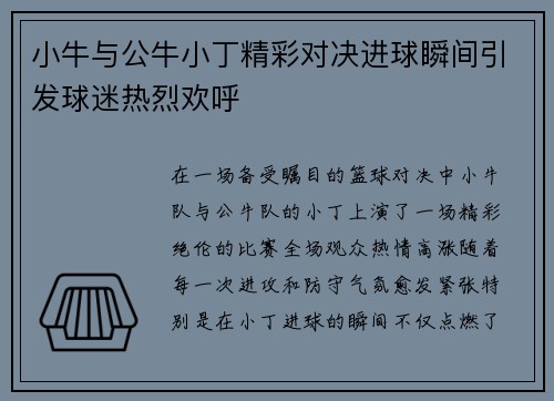 小牛与公牛小丁精彩对决进球瞬间引发球迷热烈欢呼