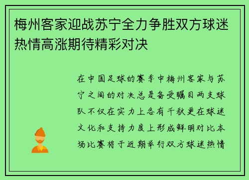 梅州客家迎战苏宁全力争胜双方球迷热情高涨期待精彩对决