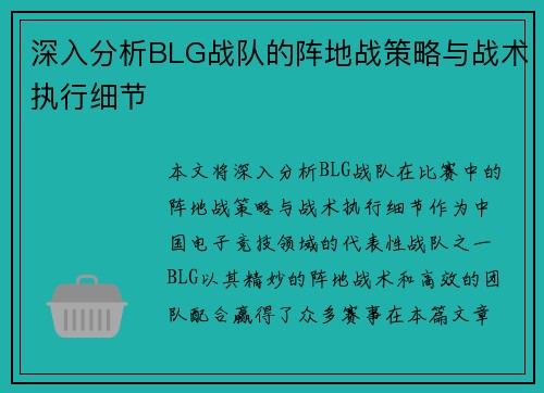 深入分析BLG战队的阵地战策略与战术执行细节
