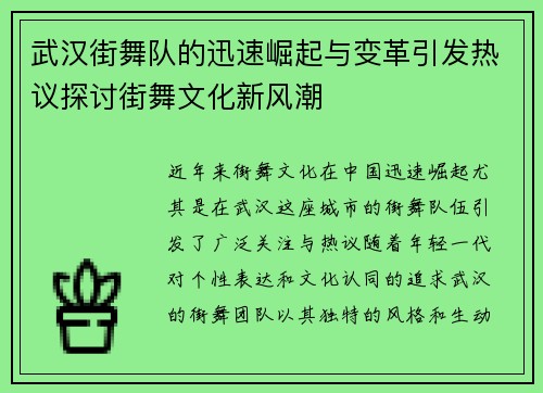 武汉街舞队的迅速崛起与变革引发热议探讨街舞文化新风潮