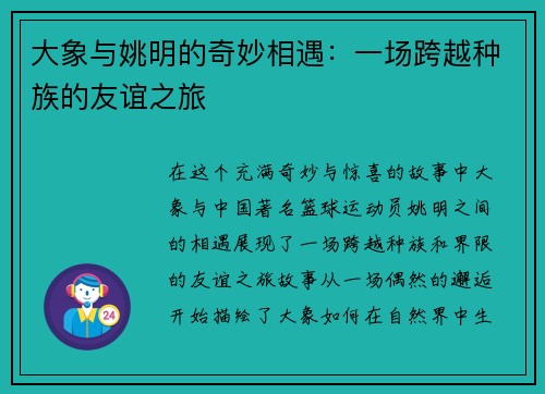 大象与姚明的奇妙相遇：一场跨越种族的友谊之旅